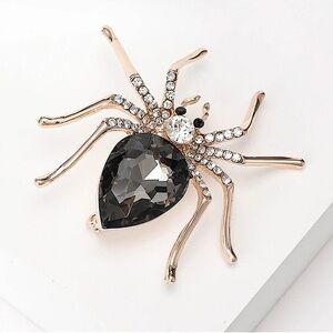 Elegant Gold Black Spider Brooch Art Deco Style Enamel Grey Crystal Spider Pin
